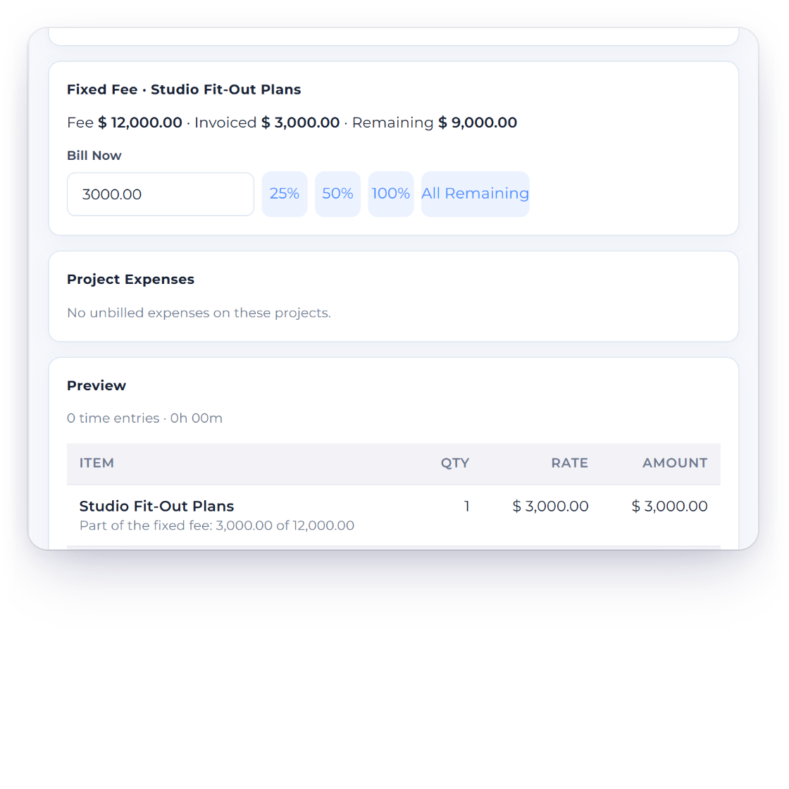 Invoice Crowd Create Invoice drawer for a fixed-fee project with the fee, the amount invoiced and the amount remaining, billing $3,000.00 now with quick 25%, 50% and 100% choices, beside the fee's milestones