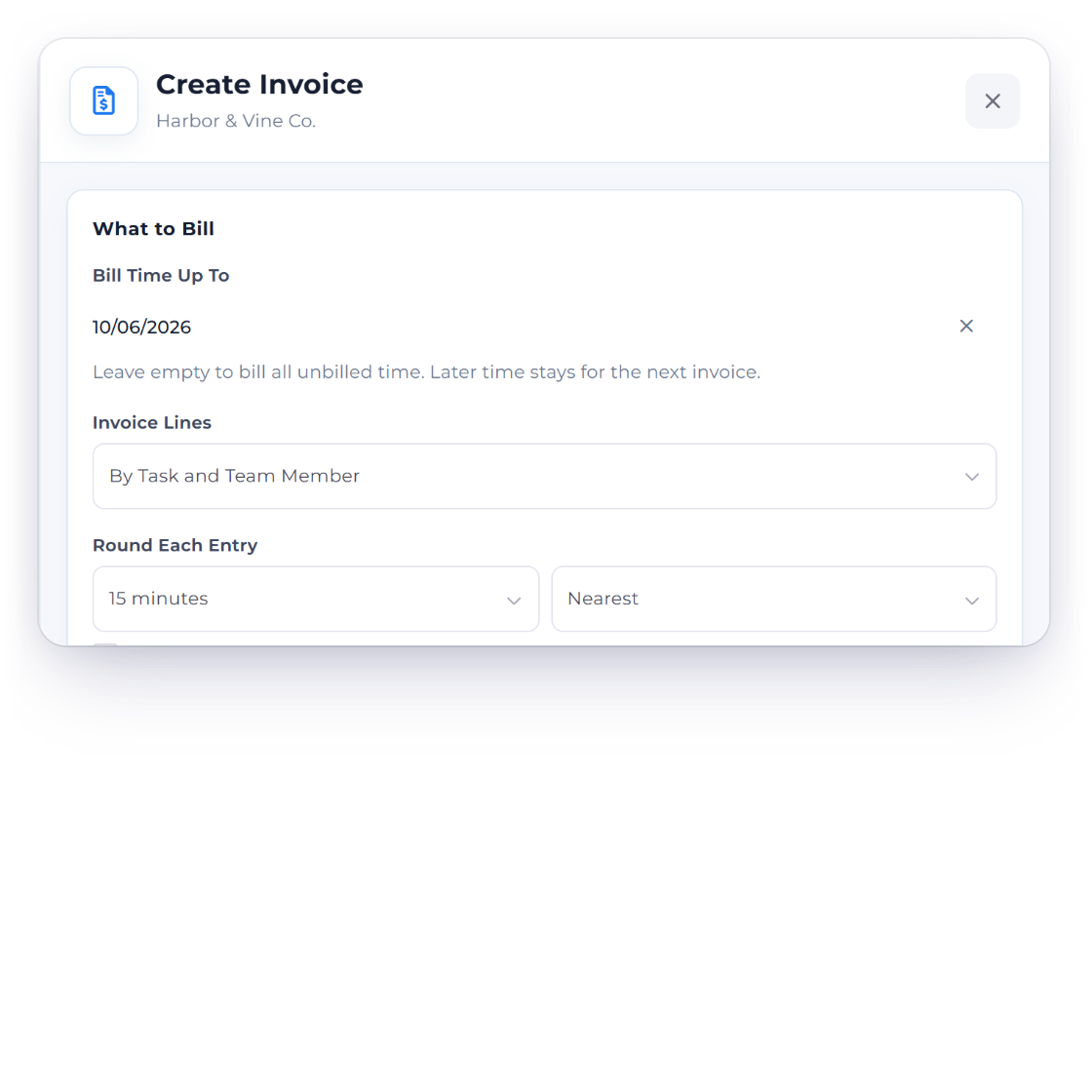 Invoice Crowd Create Invoice drawer billing time up to 10/06/2026, with invoice lines by task and team member and each entry rounded to the nearest 15 minutes, beside the rounding choices