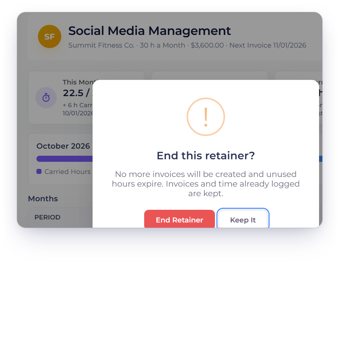 Invoice Crowd End Retainer confirmation saying no more invoices will be created, unused hours expire and invoices and time already logged are kept, beside a paused retainer