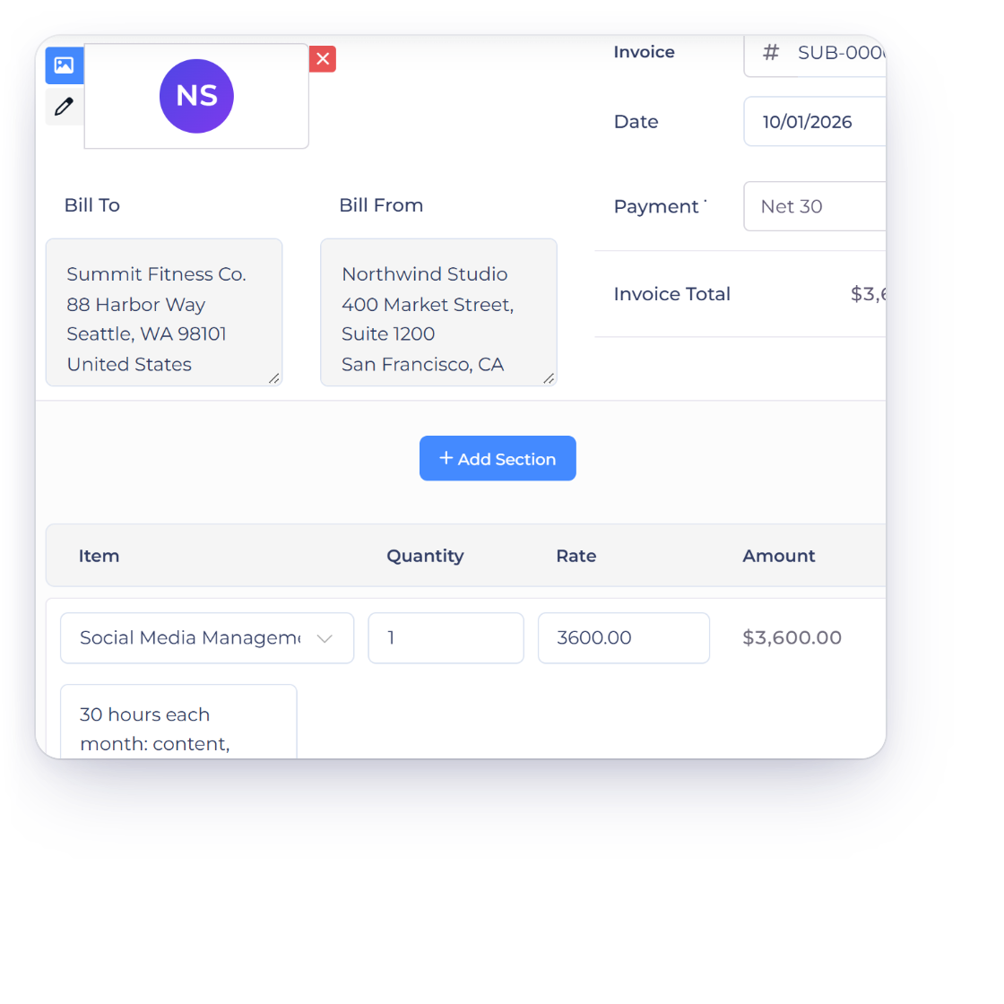 Invoice Crowd recurring invoice editor with the Retainer option on: 30 hours included each month, a monthly amount of $3,600.00, unused hours carried over for one month and extra hours billed at $130.00 an hour