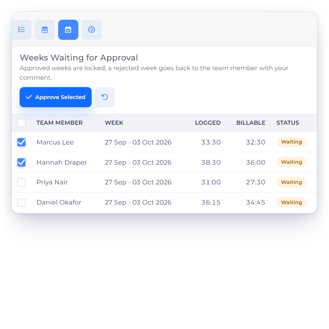 Invoice Crowd Timesheet Approvals view listing weeks waiting for approval with logged and billable hours and Approve Selected, a project set to invoice only approved time and an approved-week notification