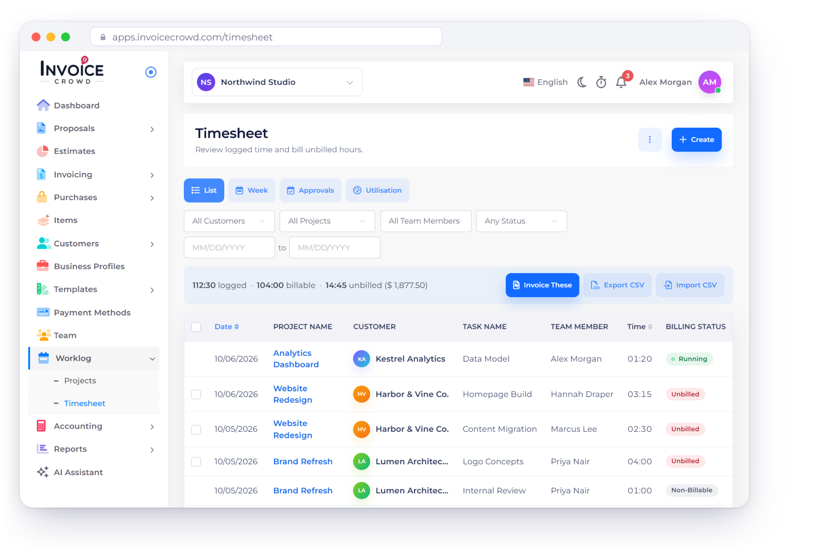 Invoice Crowd Timesheet list with List, Week, Approvals and Utilisation views, filters, logged, billable and unbilled totals with Invoice These, a submitted-week notification and a week waiting for approval