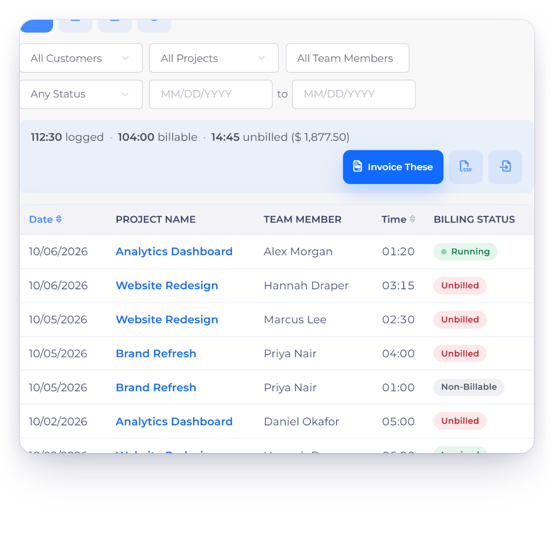 Invoice Crowd Timesheet list with customer, project, team member, status and date filters, logged, billable and unbilled totals, Invoice These, Export CSV and Import CSV, and a CSV import with one row to fix