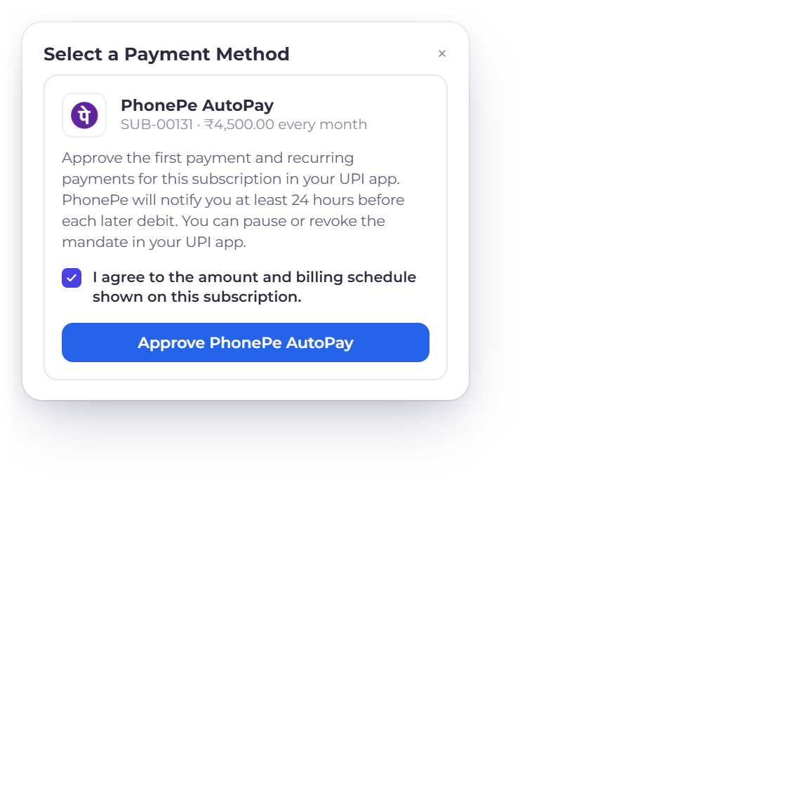 The PhonePe AutoPay approval on a Northwind Studio subscription invoice, with the agreement to the amount and billing schedule, next to the PhonePe AutoPay card in the invoice editor showing ₹4,500.00 a month, the next billing date and the last payment