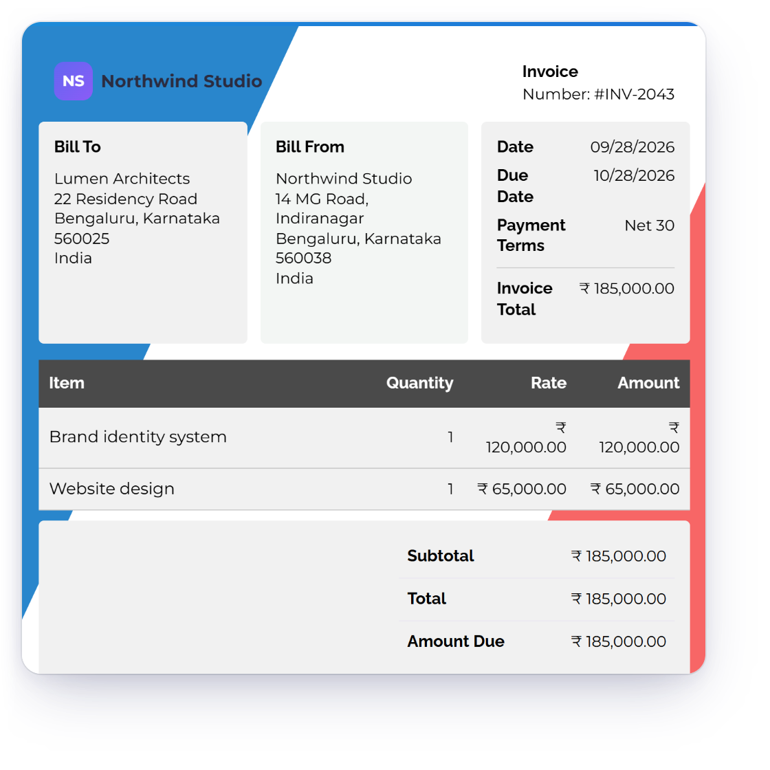 Invoice Crowd invoice INV-2043 for Lumen Architects in INR, the customer's Select a Payment Method sheet with Pay Using PhonePe, and the PhonePe checkout that follows