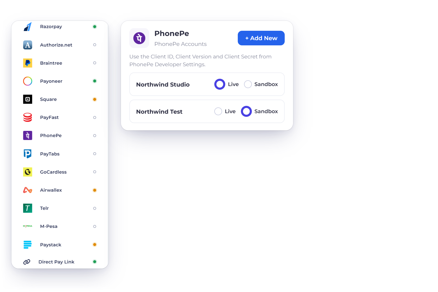 Invoice Crowd Payment Methods with PhonePe among the payment gateways, the PhonePe Accounts panel with a Northwind Studio account set to Live, the Pay Using PhonePe option, an INR invoice paid through PhonePe, and PhonePe AutoPay collecting a monthly subscription