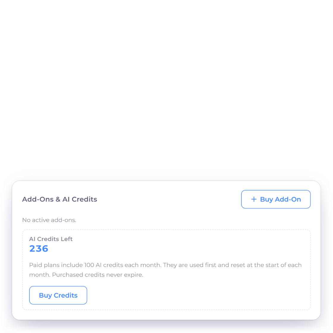 Invoice Crowd AI Assistant chat history drawer with recent conversations and the credit line 236 credits, 64 of 100 monthly credits left, reset Nov 1, above Billing and Plan Add-Ons and AI Credits with AI Credits Left and the note that paid plans include 100 AI credits each month, used first and reset monthly, and that purchased credits never expire