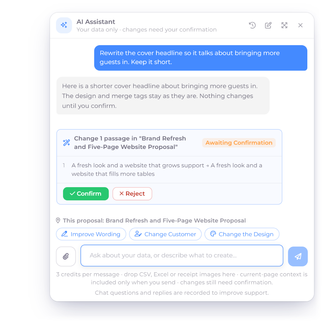 Invoice Crowd AI Assistant open on a proposal with the Improve Wording, Change Customer and Change the Design buttons and a staged wording change waiting for Confirm