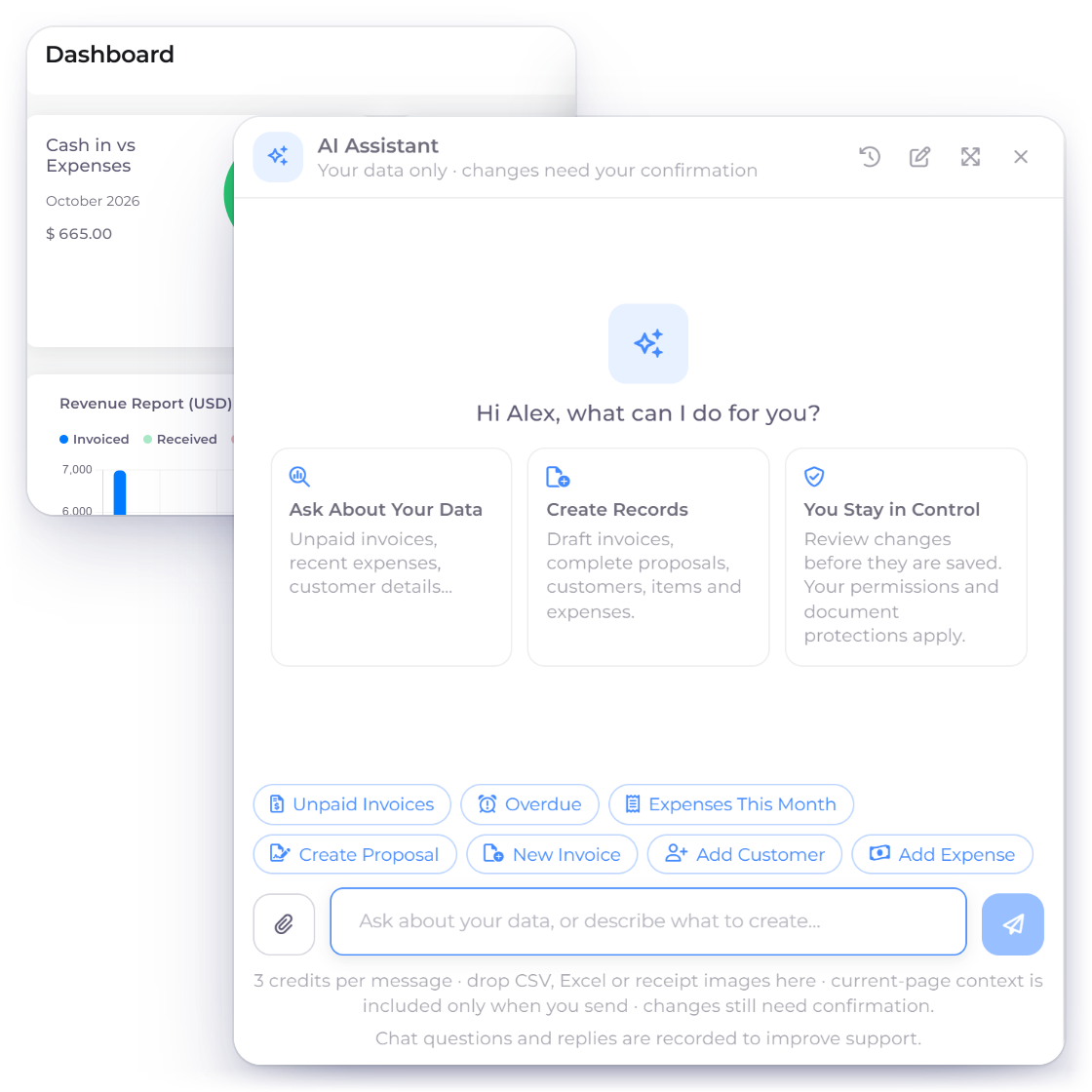 The Invoice Crowd AI Assistant opened over the Dashboard with its welcome tiles and seven quick-start buttons: Unpaid Invoices, Overdue, Expenses This Month, Create Proposal, New Invoice, Add Customer and Add Expense