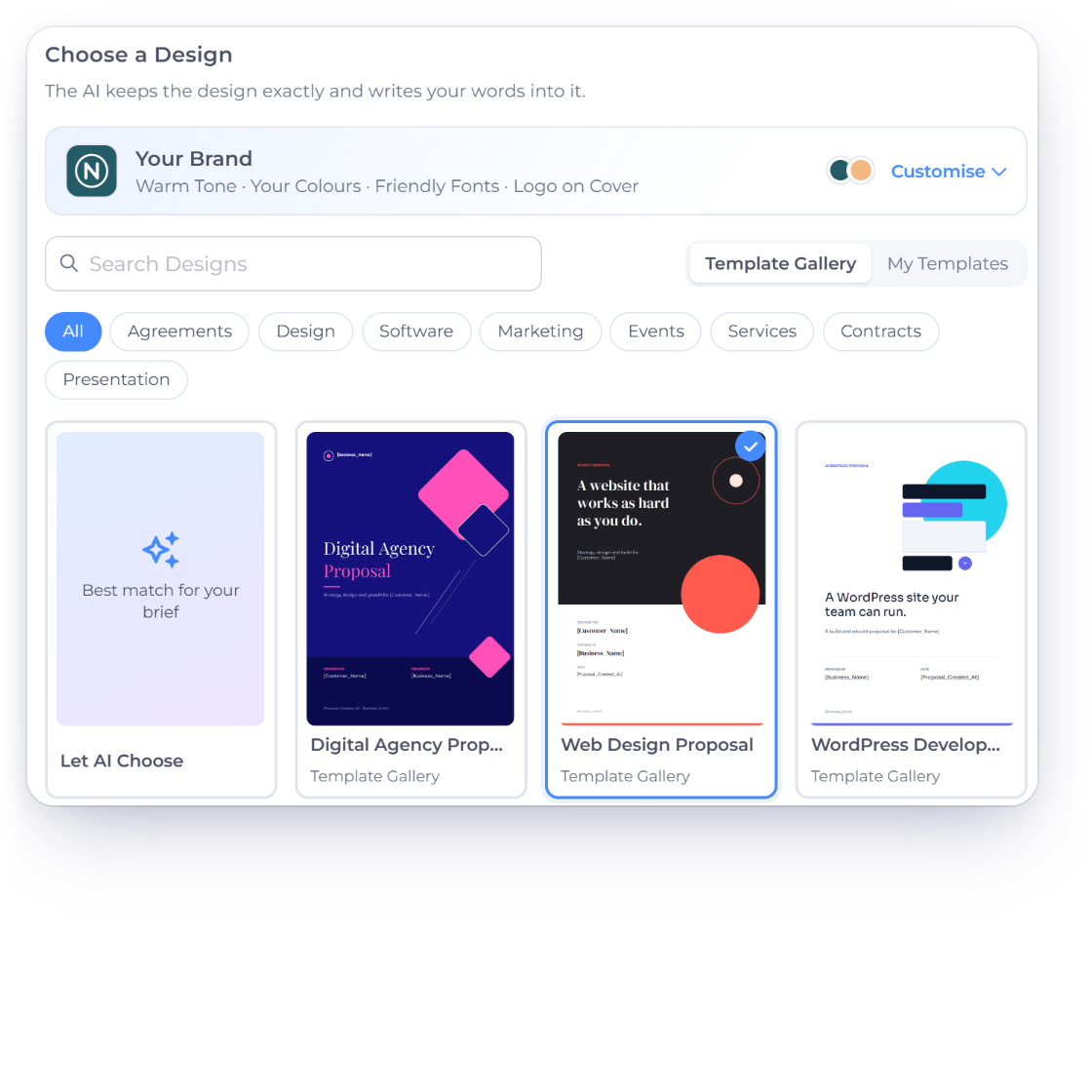 Invoice Crowd Create a Proposal with AI form at the Choose a Design step, with the Your Brand card, gallery designs and Let AI Choose, beside the finished draft proposal