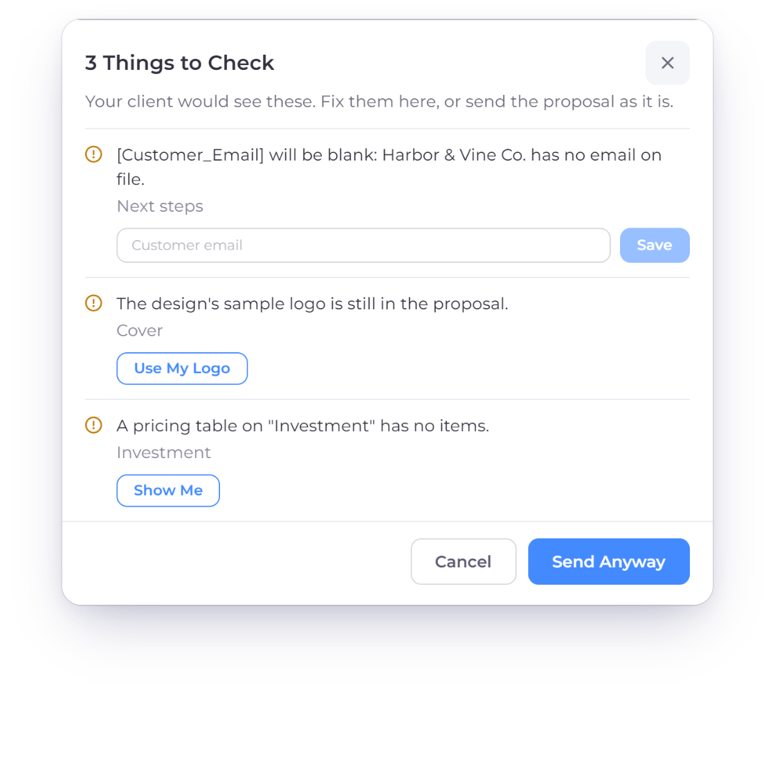 Invoice Crowd Send check listing three things to check on a proposal, a blank customer email, the design's sample logo and an empty pricing table, with Save, Use My Logo and Send Anyway