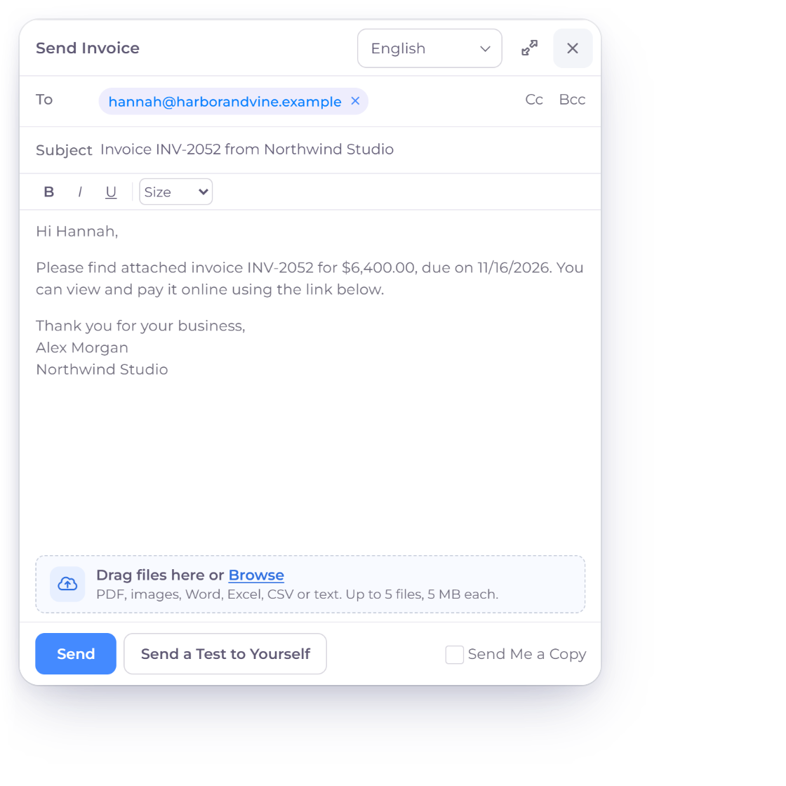 The Invoice Crowd send window for draft INV-2052 to Harbor & Vine Co. with Send a Test to Yourself beside Send, and the test email in the owner's inbox with a PDF stamped TEST - NOT ISSUED