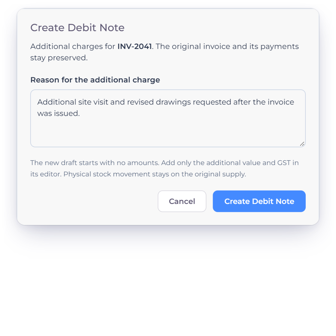 Invoice Crowd Create Debit Note dialog for INV-2041 with the reason for the additional charge, the debit note editor banner Debit Note for INV-2041 with Open Original Invoice, and the new draft DN-00003 tagged Debit Note in the Invoices list