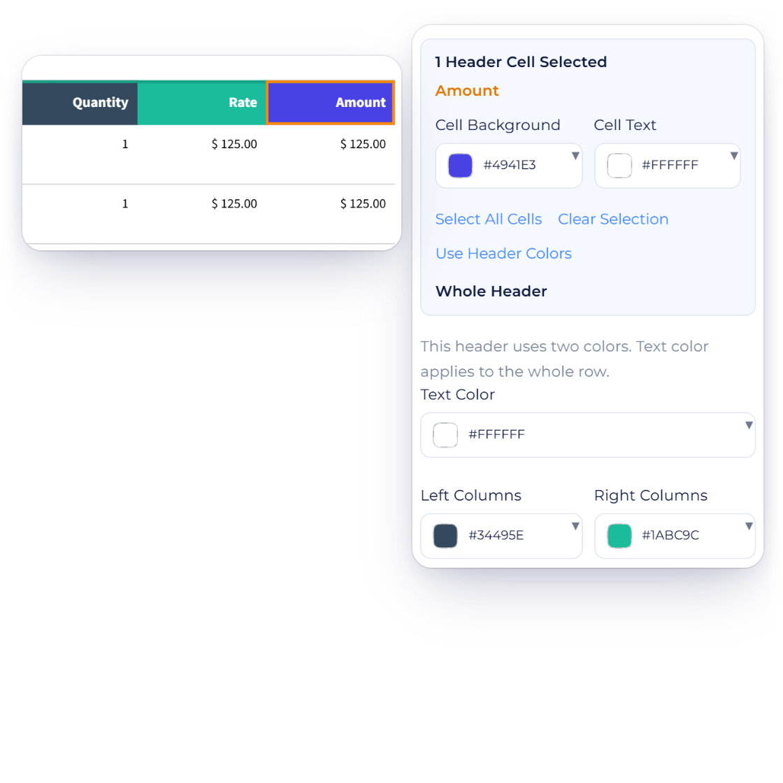 The Invoice Crowd template builder with one Items Table header cell selected and given its own Cell Background, the Header Cells panel with Cell Background, Cell Text and the Left Columns and Right Columns backgrounds of a two-color header, and a Low Contrast note offering Use White Text