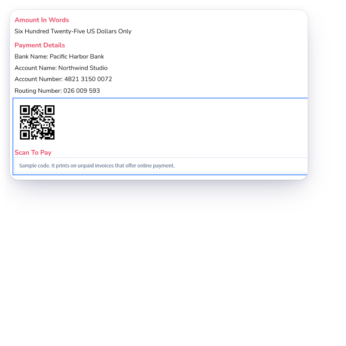 An Invoice Crowd invoice design with the total spelled out by the Amount In Words module, a Payment Details block with bank transfer details and a Pay Online QR code captioned Scan to Pay, beside the Items & Money group in Add Elements with all three modules in use