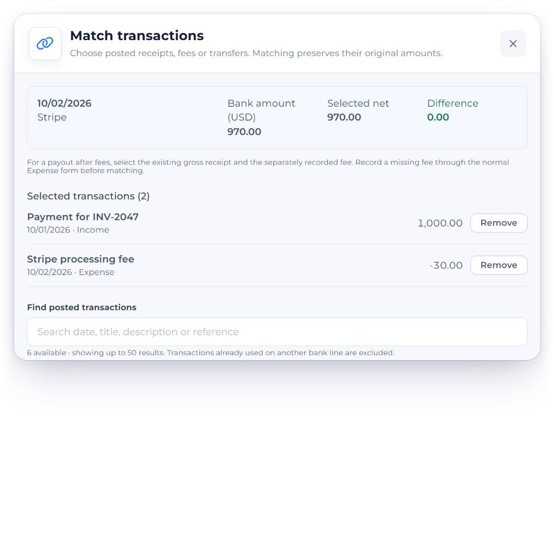 Invoice Crowd Bank Reconciliation with the Match transactions drawer for a $970.00 Stripe payout, matched to a $1,000.00 invoice payment and a $30.00 Stripe processing fee with a Difference of 0.00, beside the Record Transfer form moving $1,000.00 from Stripe Clearing to the Operating Account with $30.00 Fee withheld