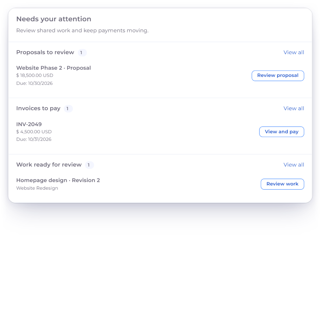 The Invoice Crowd customer portal for Harbor & Vine Co. with Needs your attention listing a proposal to review, an invoice to pay and work ready for review, above the Delivery Review for Homepage design revision 2 with feedback, the review confirmation, Approve work and Request changes