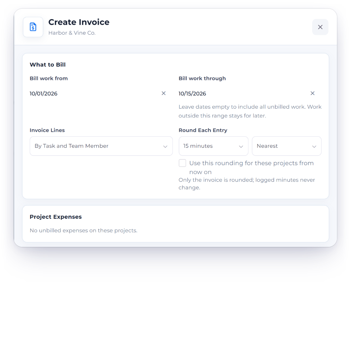 Invoice Crowd Create Invoice drawer for Harbor & Vine Co. billing work from 10/01/2026 through 10/15/2026, with Invoice Lines by task and team member and each entry rounded to the nearest 15 minutes, beside the preview of the lines and an invoice lines subtotal of $1,787.50