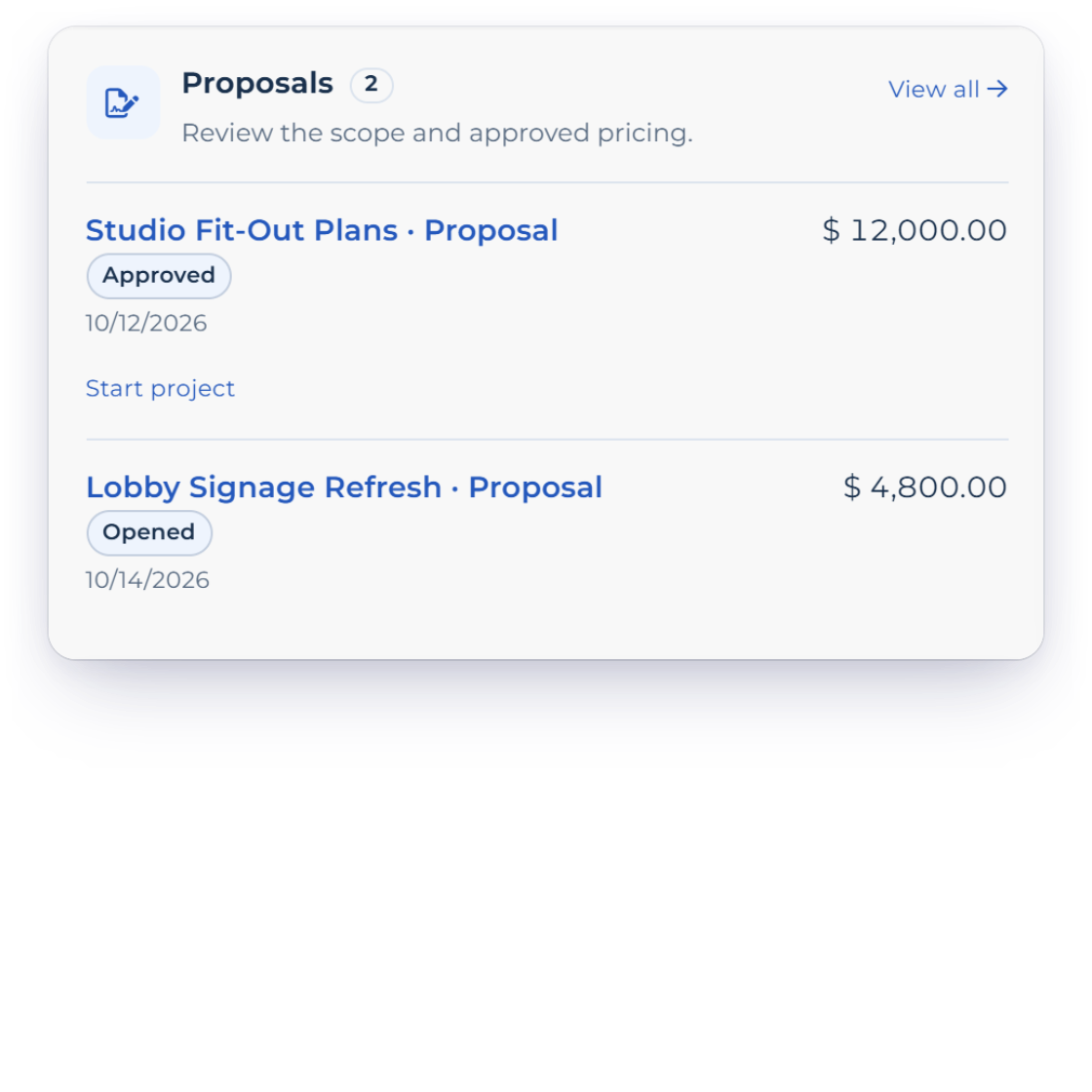 Invoice Crowd Client workspace for Lumen Architects with the approved Studio Fit-Out Plans proposal offering Start project, beside the new project’s Client and billing section with Invoice project work and the Approved scope linking the proposal