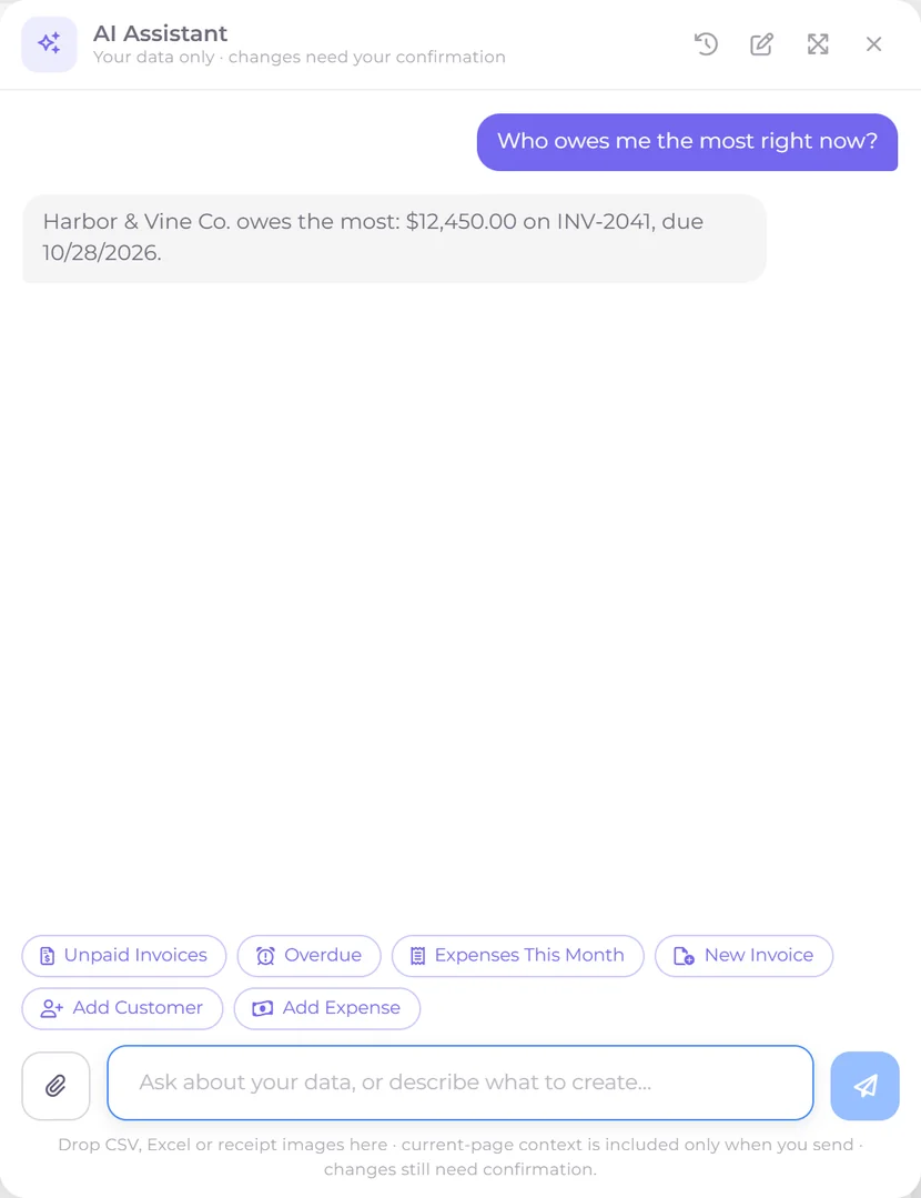 The Invoice Crowd AI Assistant answering who owes the most and preparing a new customer for confirmation