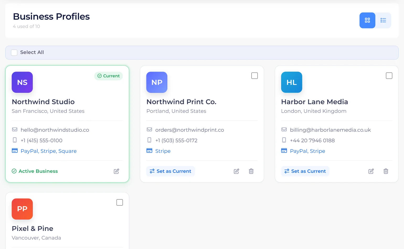 Invoice Crowd Business Profiles with four brands, each with its own contact details and payment methods