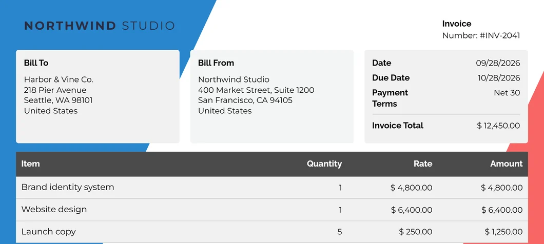 The client view of invoice INV-2041 from Northwind Studio for $12,450.00
