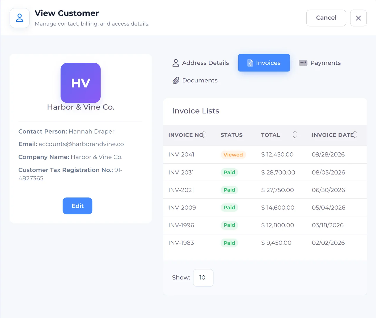 An Invoice Crowd customer record for Harbor & Vine Co. with contact details and its invoice history