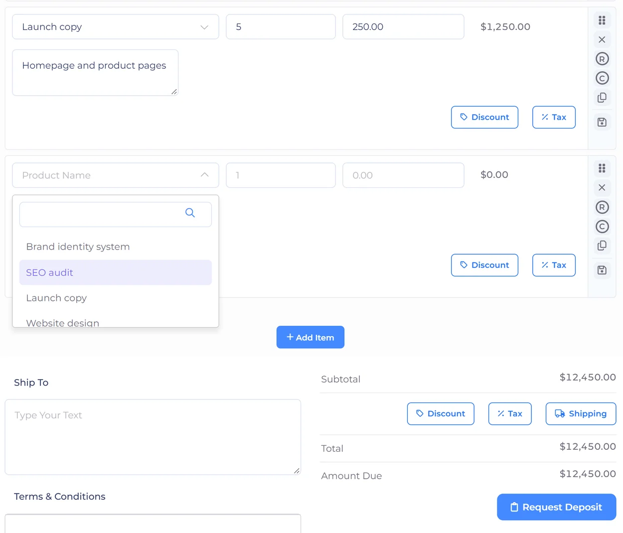 The Invoice Crowd estimate editor adding a line from the item catalogue to estimate EST-01048