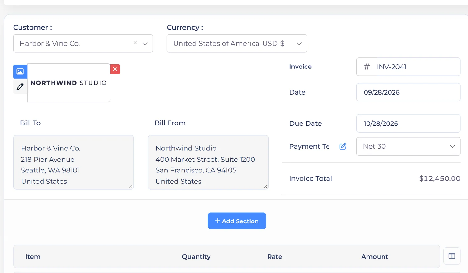 The Invoice Crowd invoice editor for INV-2041 to Harbor & Vine Co., with customer, currency, dates and payment terms