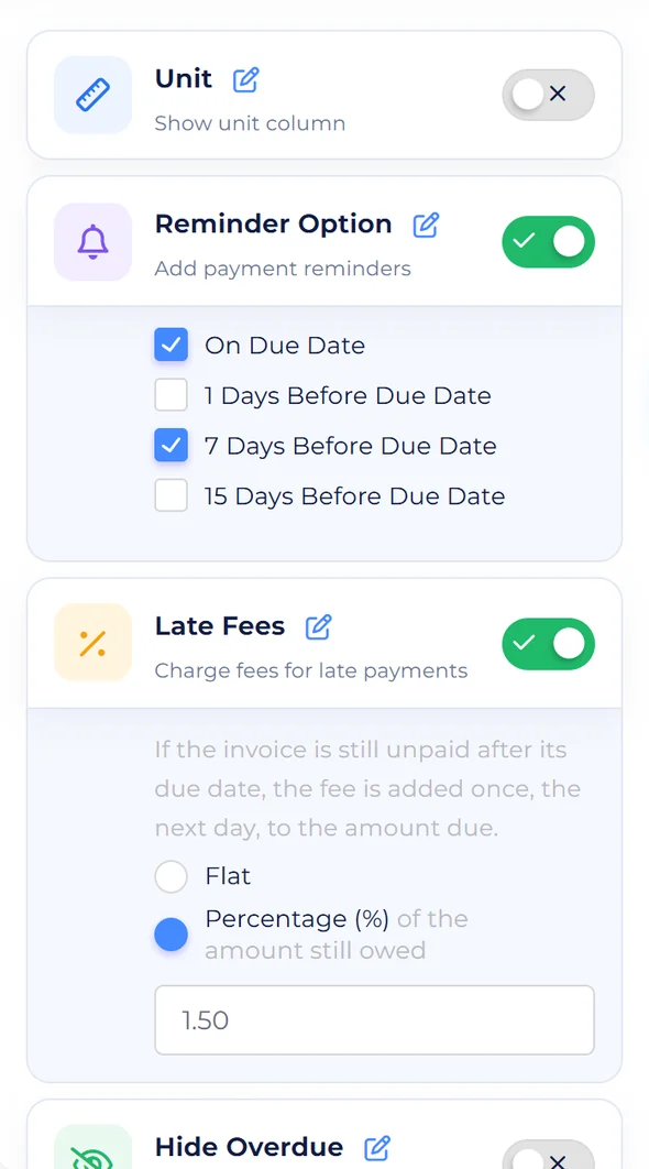 Invoice Crowd invoice options with Reminder Option and a 1.50% late fee switched on