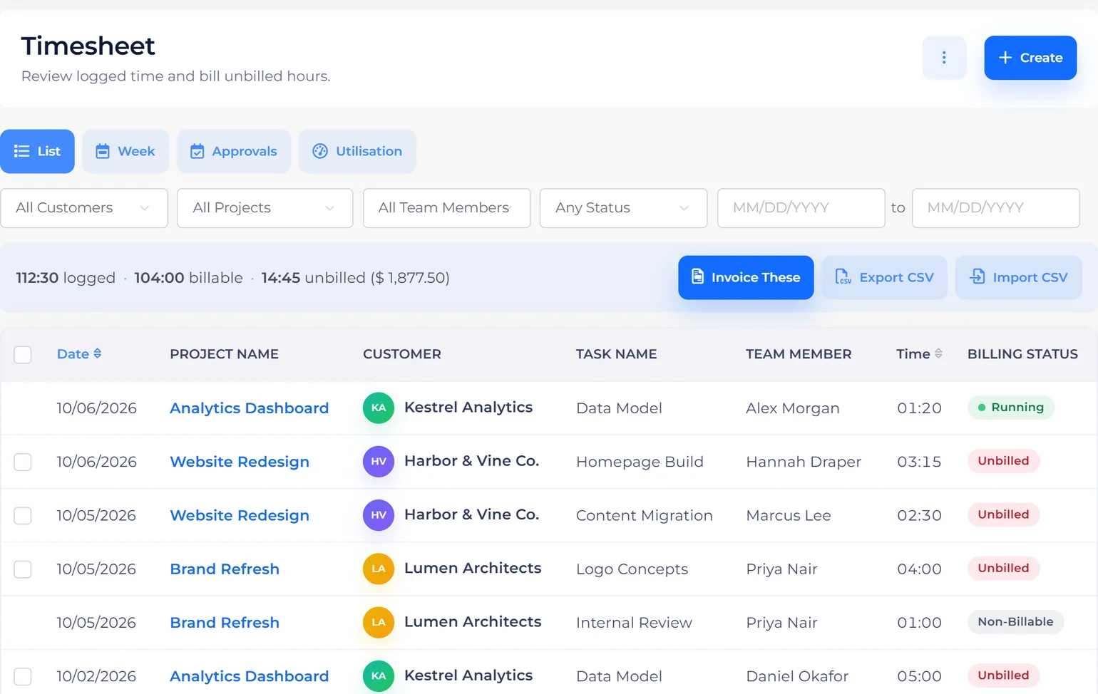 Invoice Crowd Timesheet with logged, billable and unbilled hours and the Invoice These button