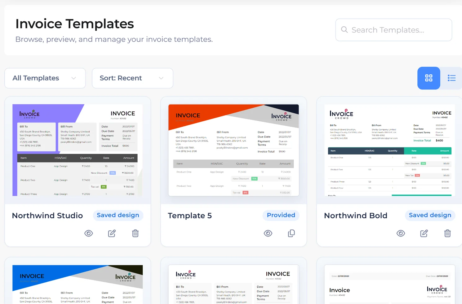 Invoice Crowd Invoice Templates gallery with Northwind Studio, Template 5 and Northwind Bold designs