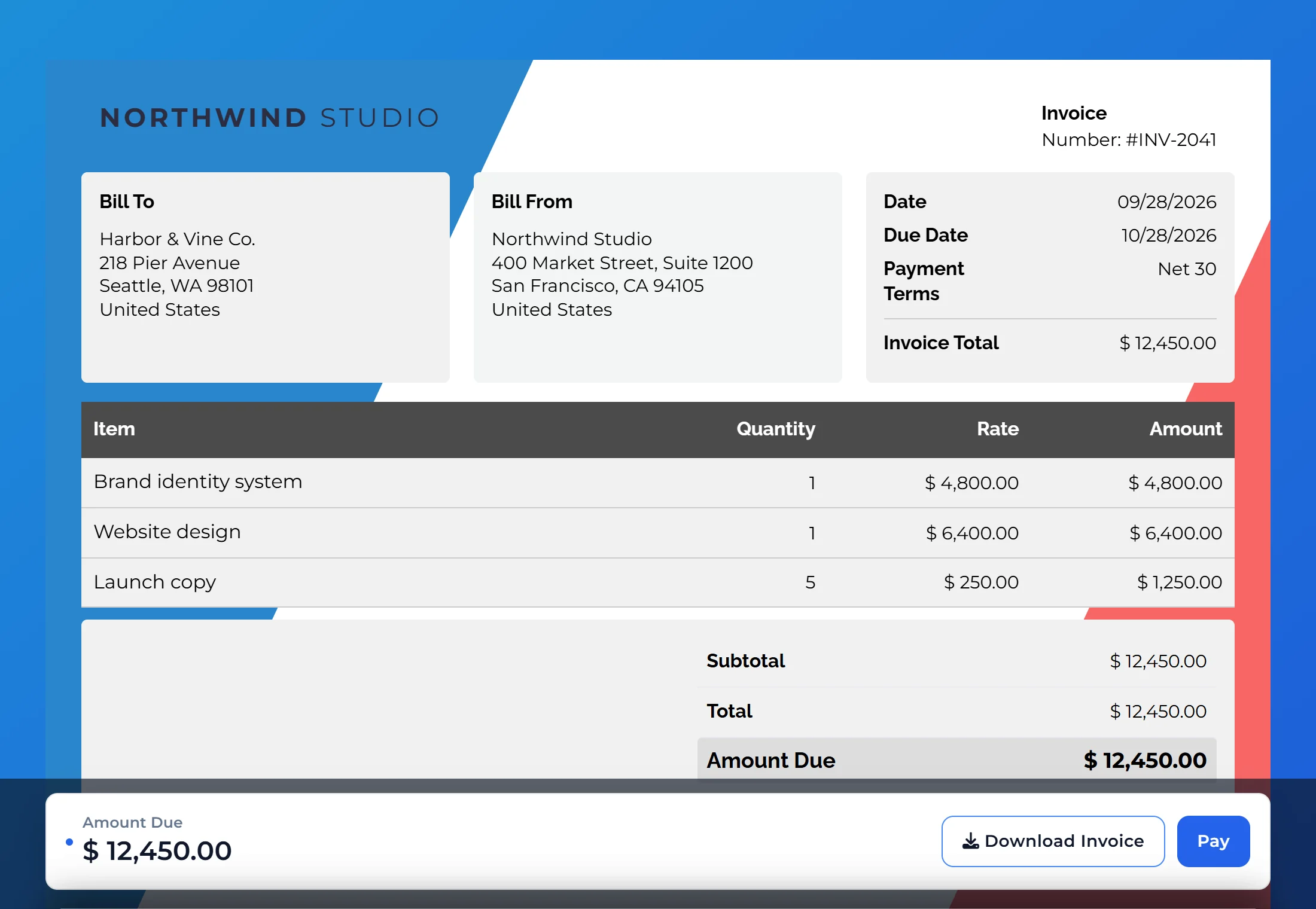 Invoice INV-2041 from Northwind Studio as the client sees it online