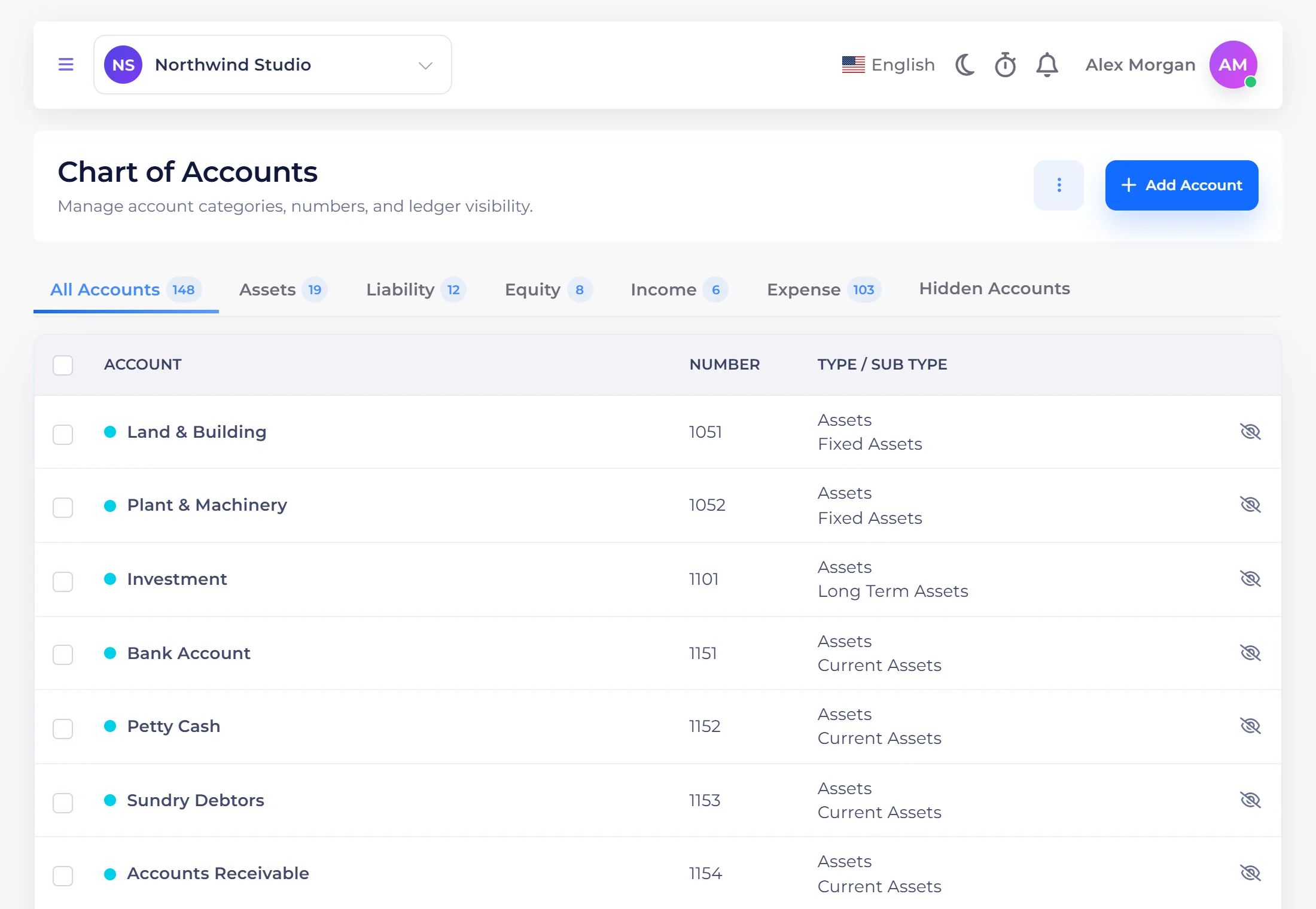 Invoice Crowd Chart of Accounts with all 148 accounts by type