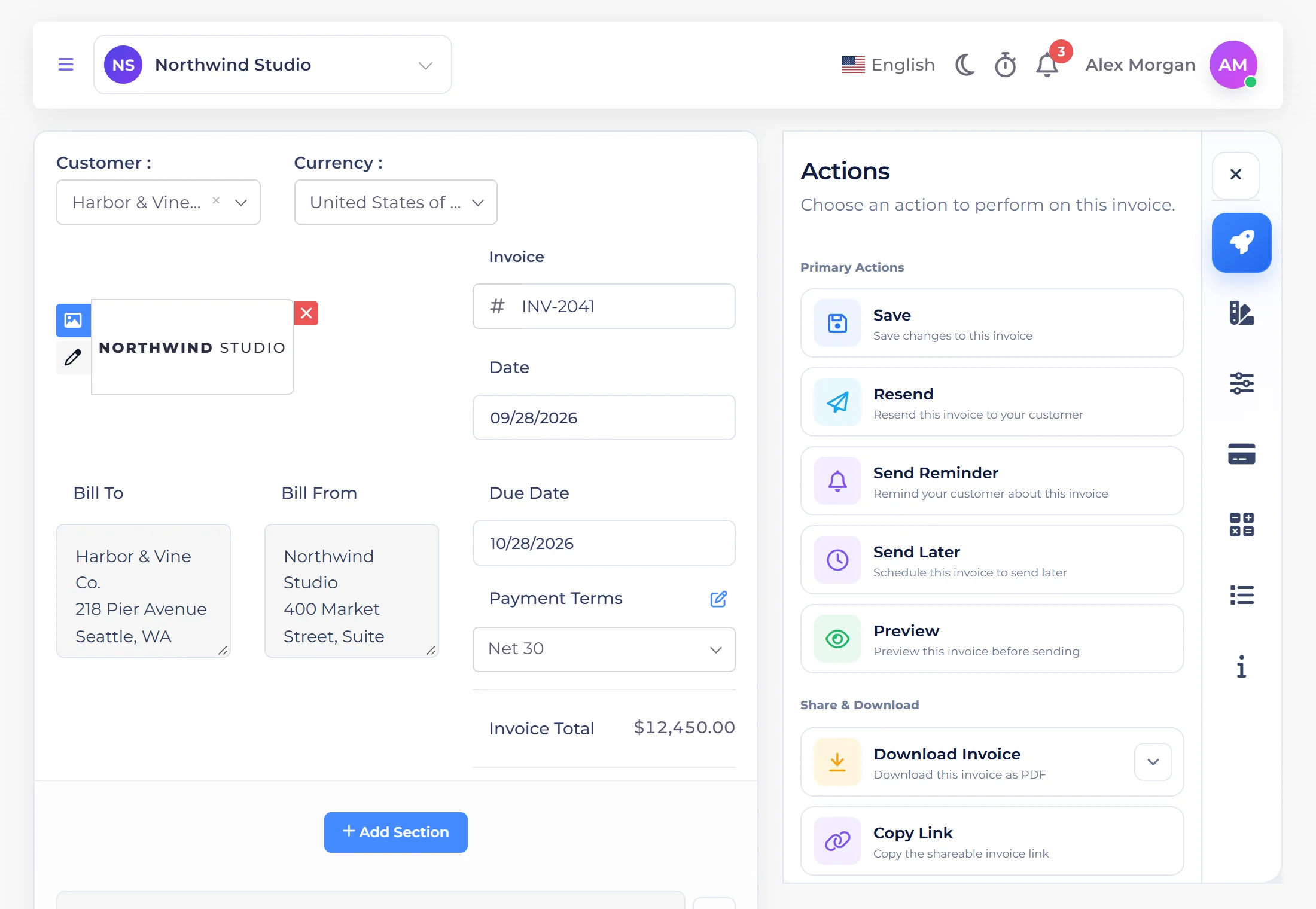 Invoice Crowd invoice editor with the Actions panel: save, resend, send reminder, send later and preview