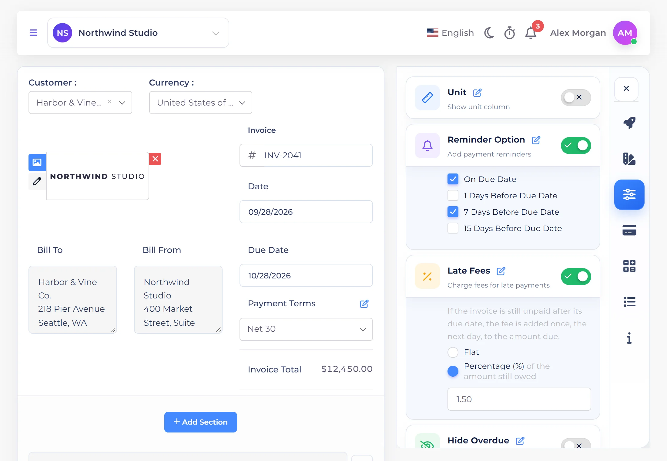 Invoice Crowd invoice options with the reminder schedule and late fees switched on