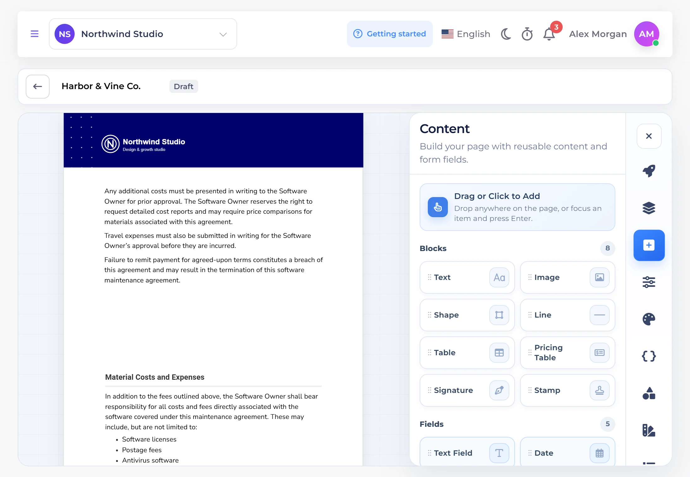 Invoice Crowd proposal editor with the proposal page and the Content panel of blocks
