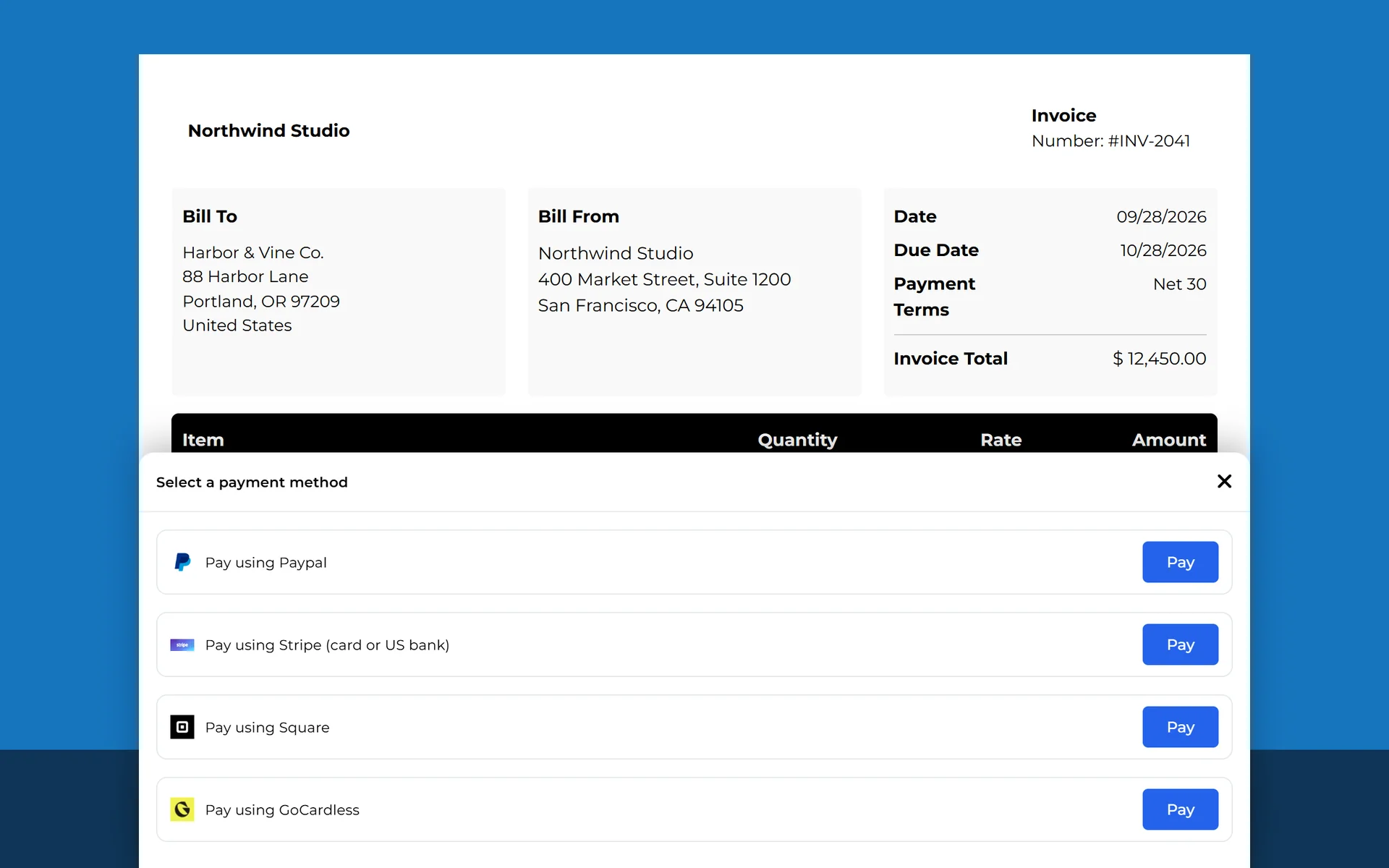 The client view of invoice INV-2041 with the Select a payment method window: PayPal, Stripe, Square and GoCardless