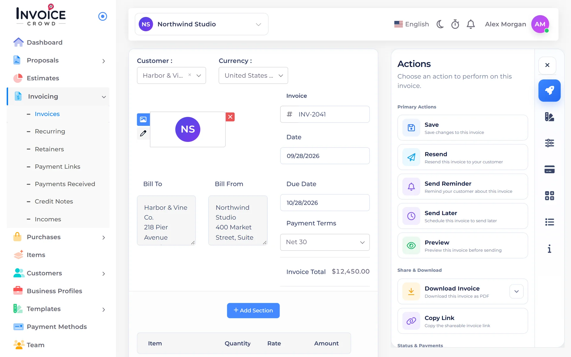 Invoice Crowd invoice editor for INV-2041 to Harbor & Vine Co. with the Actions panel: Save, Resend, Send Reminder, Send Later and Preview