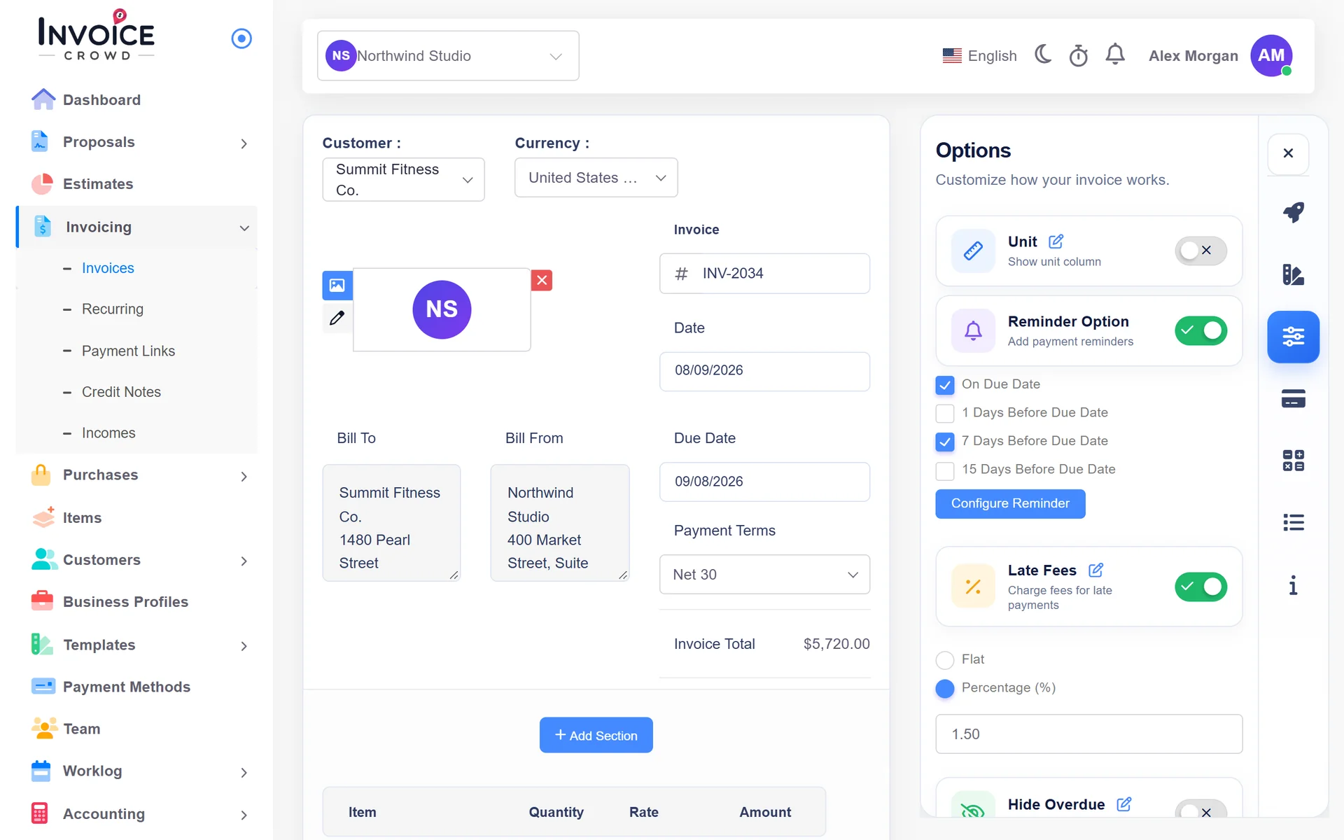 Invoice Crowd invoice editor Options panel with Reminder Option and Late Fees at 1.5 percent switched on