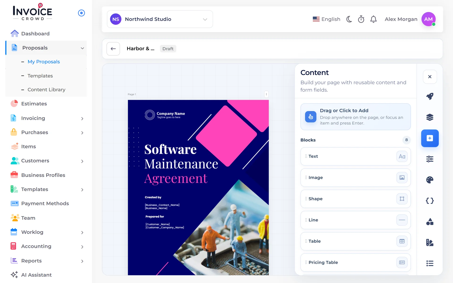Invoice Crowd proposal editor with the Software Maintenance Agreement template on the canvas and the Content panel of drag-in blocks