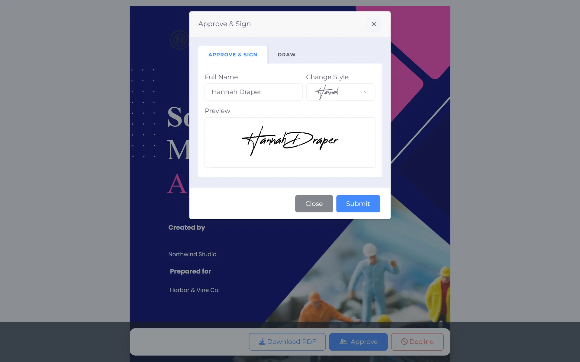 A client approving a Software Maintenance Agreement proposal in the Invoice Crowd Approve & Sign window with a typed signature